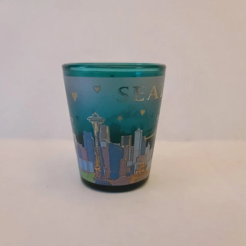 Seattle Washington Mountain Skyline Teal Shot Glass